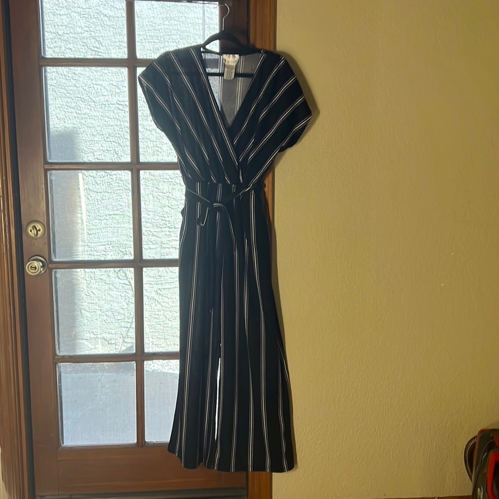 Black and white striped wide leg jump suit